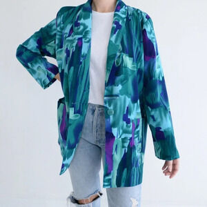 Vintage Kensington Square Teal & Purple Single Button Blazer Shirt Size Medium